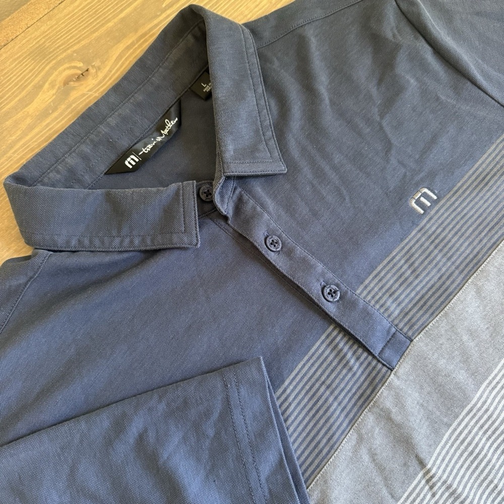 Travis Mathew Men's Large Blue Grey Stripe Golf Short Sleeve Polo Collar Shirt